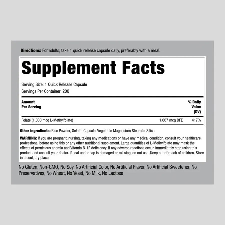 PIPING ROCK - Piping Rock L-Methylfolate 1000mcg 200 Capsulas - The Red Vitamin MX - Suplementos Alimenticios - {{ shop.shopifyCountryName }}