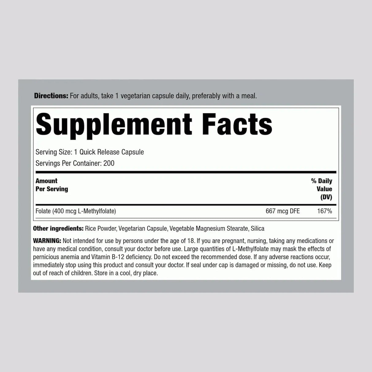 PIPING ROCK - Piping Rock L MethylFolate 400mcg 200 Capsulas - The Red Vitamin MX - Suplementos Alimenticios - {{ shop.shopifyCountryName }}