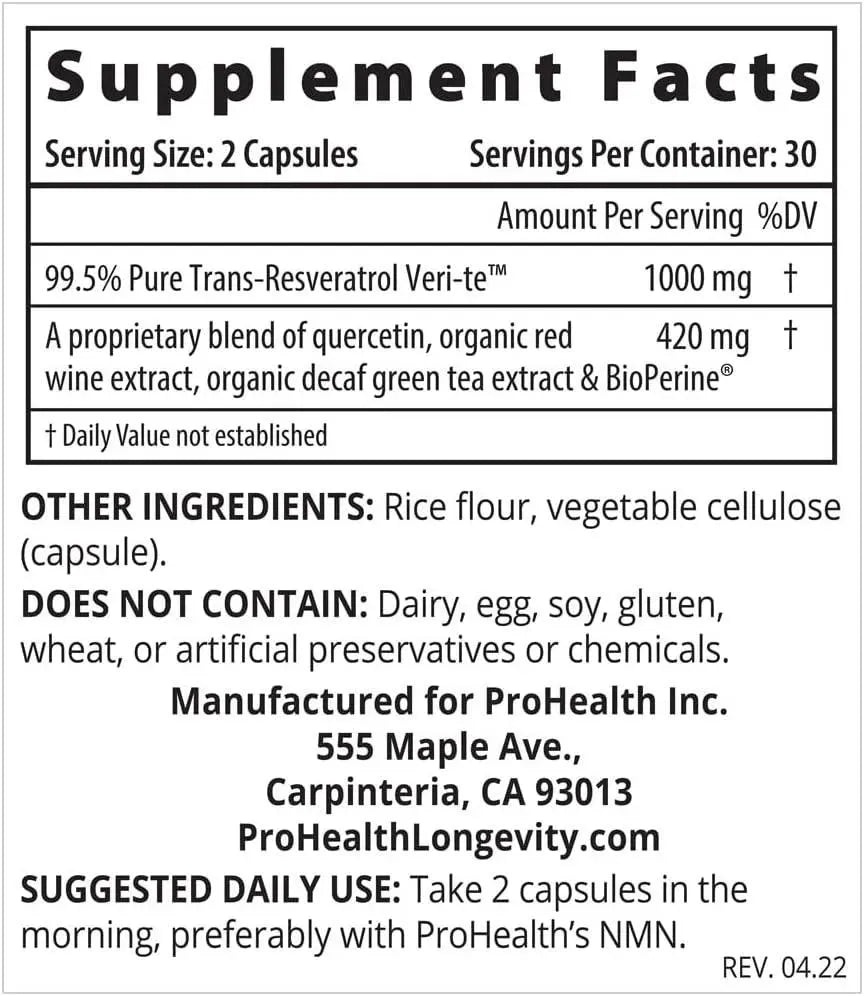 PRO HEALTH LONGEVITY - ProHealth Longevity Trans-Resveratrol 1,000Mg. 60 Capsulas - The Red Vitamin MX - Suplementos Alimenticios - {{ shop.shopifyCountryName }}