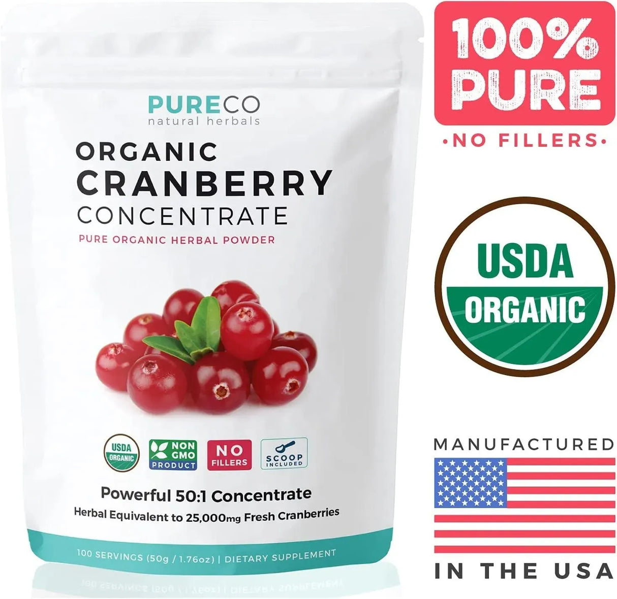 PURE CO - Pure Co Organic Cranberry Concentrate Powder 100 Servicios 50Gr. - The Red Vitamin MX - Suplementos Alimenticios - {{ shop.shopifyCountryName }}