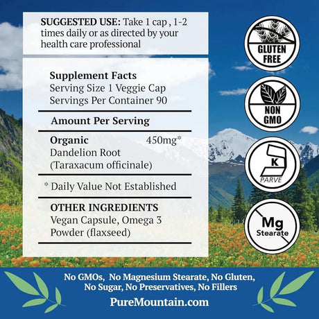 PURE MOUNTAIN BOTANICALS - Pure Mountain Botanicals Dandelion Root 450Mg. 90 Capsulas - The Red Vitamin MX - Suplementos Alimenticios - {{ shop.shopifyCountryName }}