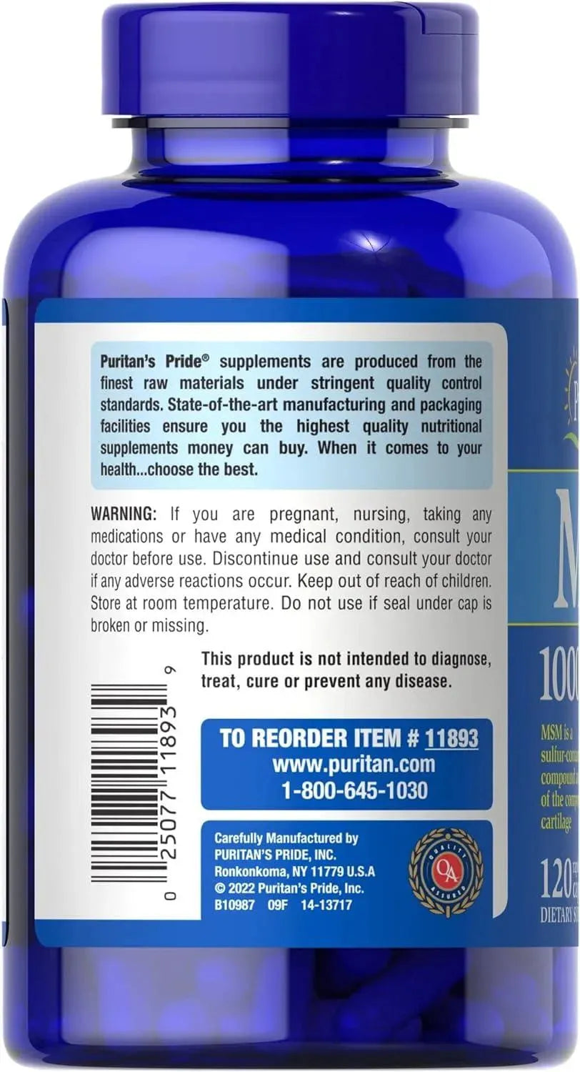 PURITAN'S PRIDE - Puritan's Pride Joint Support Formula MSM 1000Mg. 120 Capsulas - The Red Vitamin MX - Suplementos Alimenticios - {{ shop.shopifyCountryName }}