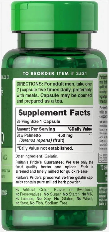 PURITAN'S PRIDE - Puritan's Pride Saw Palmetto 450Mg. 100 Capsulas - The Red Vitamin MX - Suplementos Alimenticios - {{ shop.shopifyCountryName }}