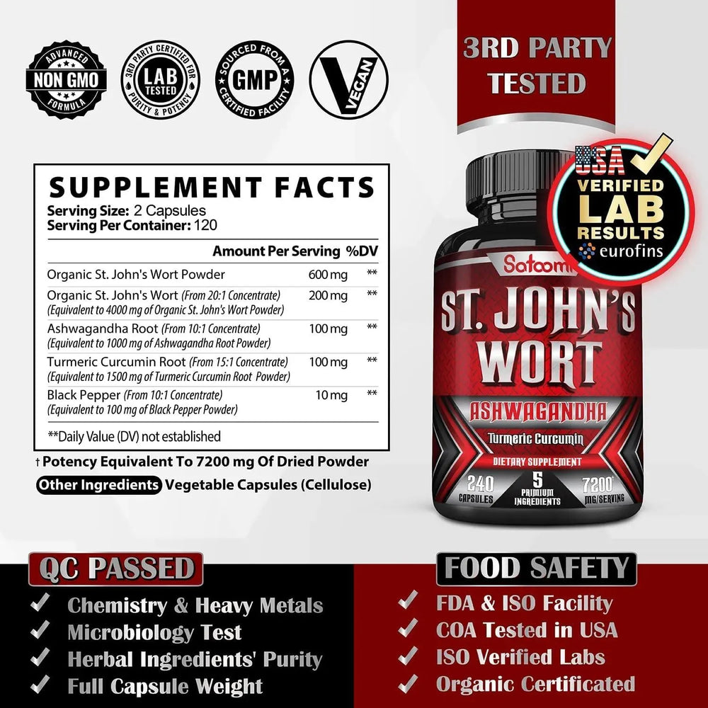 SATOOMI - Satoomi St. John's Wort 7200Mg. 5 Herbs with Ashwagandha, Turmeric & Black Pepper 240 Capsulas - The Red Vitamin MX - Suplementos Alimenticios - {{ shop.shopifyCountryName }}