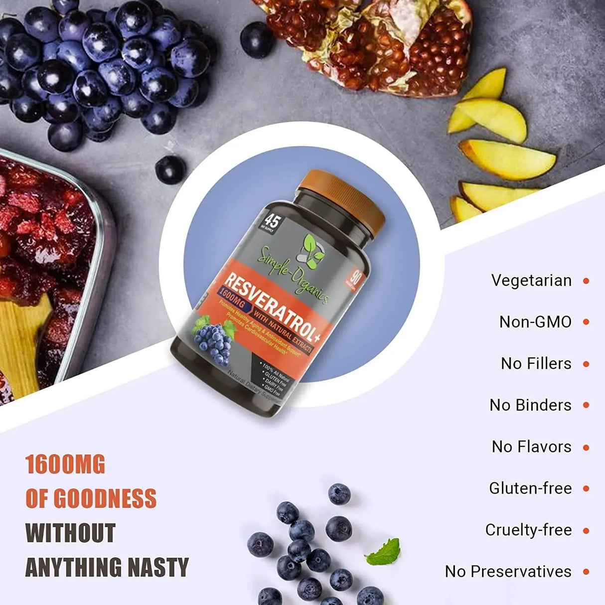 SIMPLE ORGANICS - Simple-Organics Resveratrol 1600Mg. 90 Capsulas - The Red Vitamin MX - Suplementos Alimenticios - {{ shop.shopifyCountryName }}