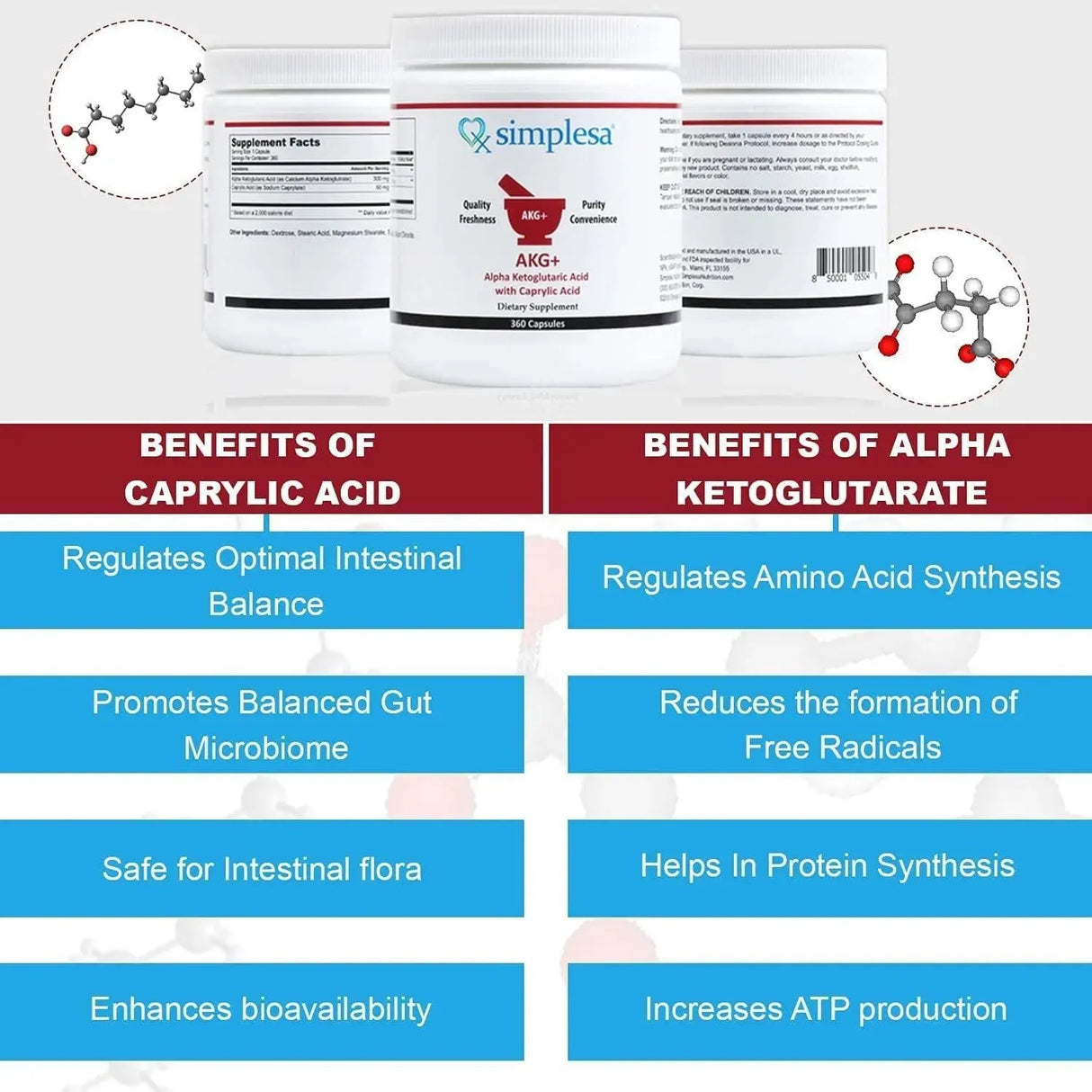 SIMPLESA NUTRITION - Simplesa Nutrition Alpha Ketoglutaric Acid Plus Caprylic Acid 360 Capsulas - The Red Vitamin MX - Suplementos Alimenticios - {{ shop.shopifyCountryName }}