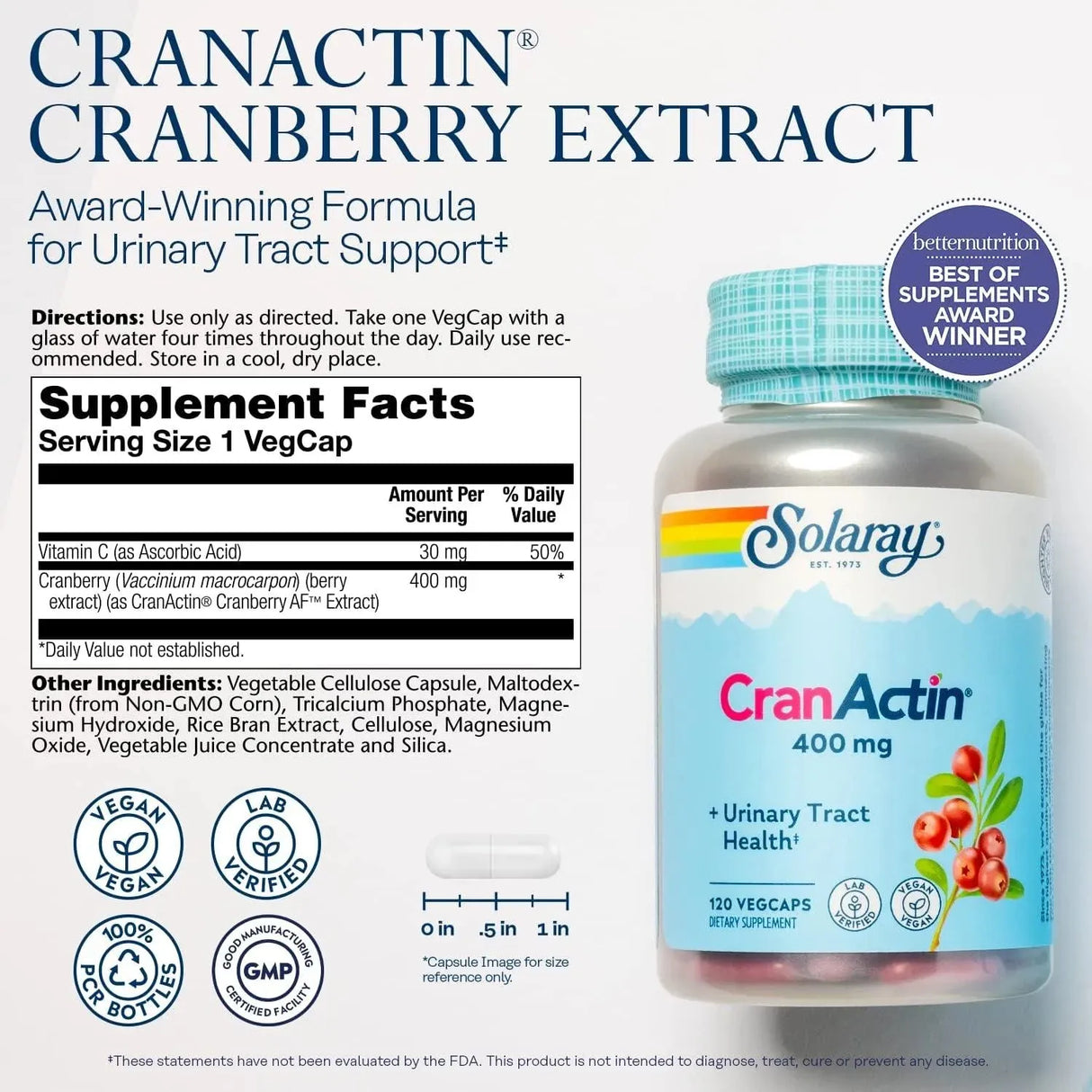 SOLARAY - Solaray Cranactin Cranberry AF Extract 400Mg. 120 Capsulas - The Red Vitamin MX - Suplementos Alimenticios - {{ shop.shopifyCountryName }}