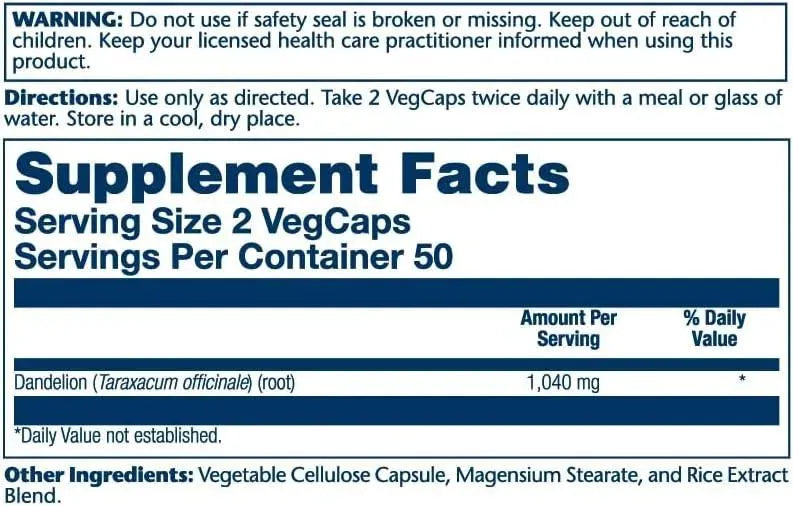SOLARAY - Solaray Dandelion Root 1040Mg. 100 Capsulas - The Red Vitamin MX - Suplementos Alimenticios - {{ shop.shopifyCountryName }}