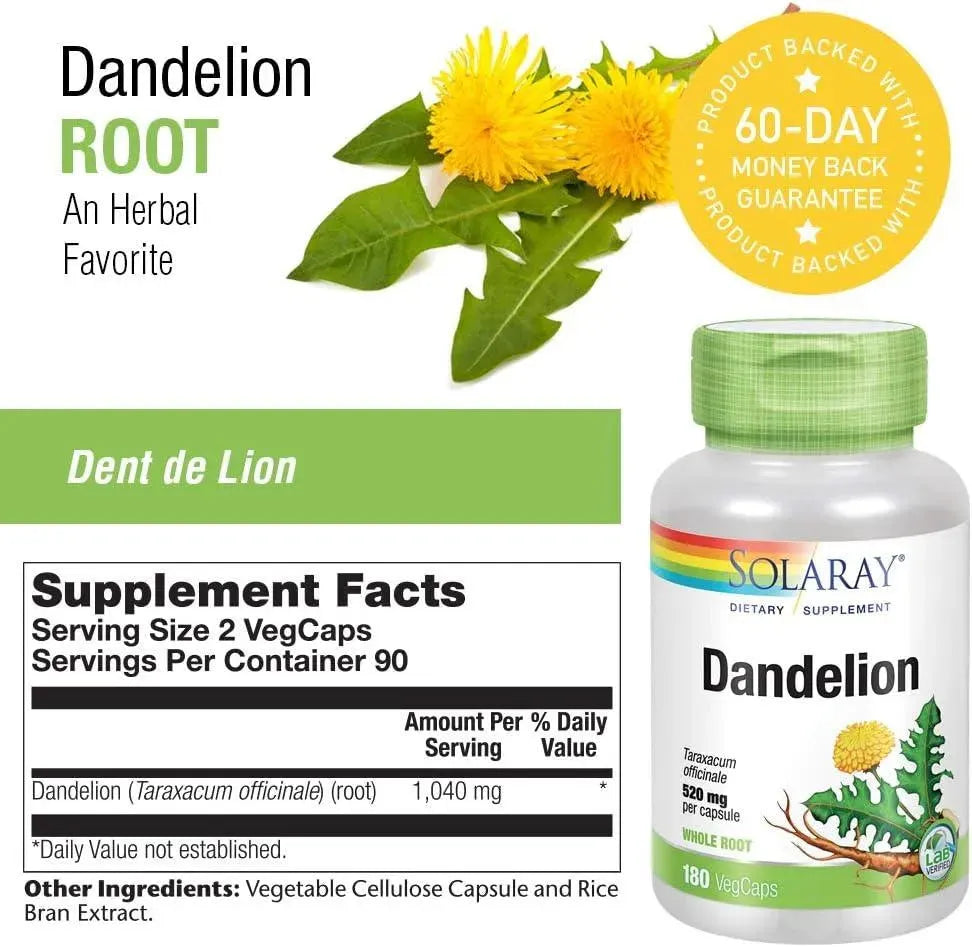 SOLARAY - Solaray Dandelion Root 1040Mg. 180 Capsulas - The Red Vitamin MX - Suplementos Alimenticios - {{ shop.shopifyCountryName }}