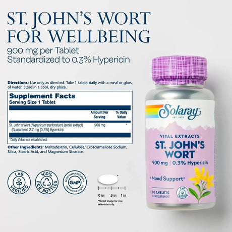 SOLARAY - SOLARAY St. Johns Wort Aerial Extract One Daily 900Mg. 60 Tabletas - The Red Vitamin MX - Suplementos Alimenticios - {{ shop.shopifyCountryName }}