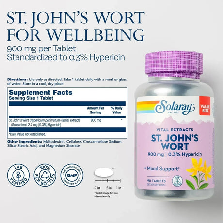 SOLARAY - SOLARAY St. Johns Wort Aerial Extract One Daily 900Mg. 90 Tabletas - The Red Vitamin MX - Suplementos Alimenticios - {{ shop.shopifyCountryName }}