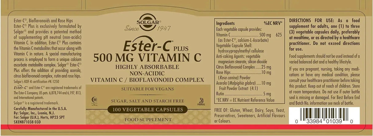 SOLGAR - Solgar Ester-C Plus 500Mg. Vitamin C 100 Capsulas - The Red Vitamin MX - Suplementos Alimenticios - {{ shop.shopifyCountryName }}