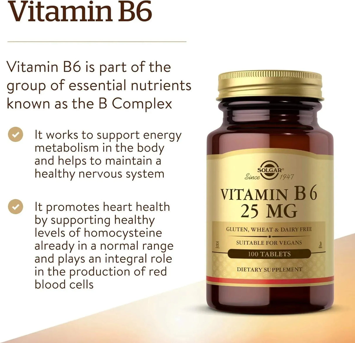 SOLGAR - Solgar Vitamin B6 25Mg. 100 Tabletas - The Red Vitamin MX - Suplementos Alimenticios - {{ shop.shopifyCountryName }}