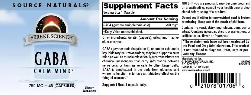 SOURCE NATURALS - Source Naturals Serene Science GABA 750Mg. 45 Capsulas - The Red Vitamin MX - Suplementos Alimenticios - {{ shop.shopifyCountryName }}