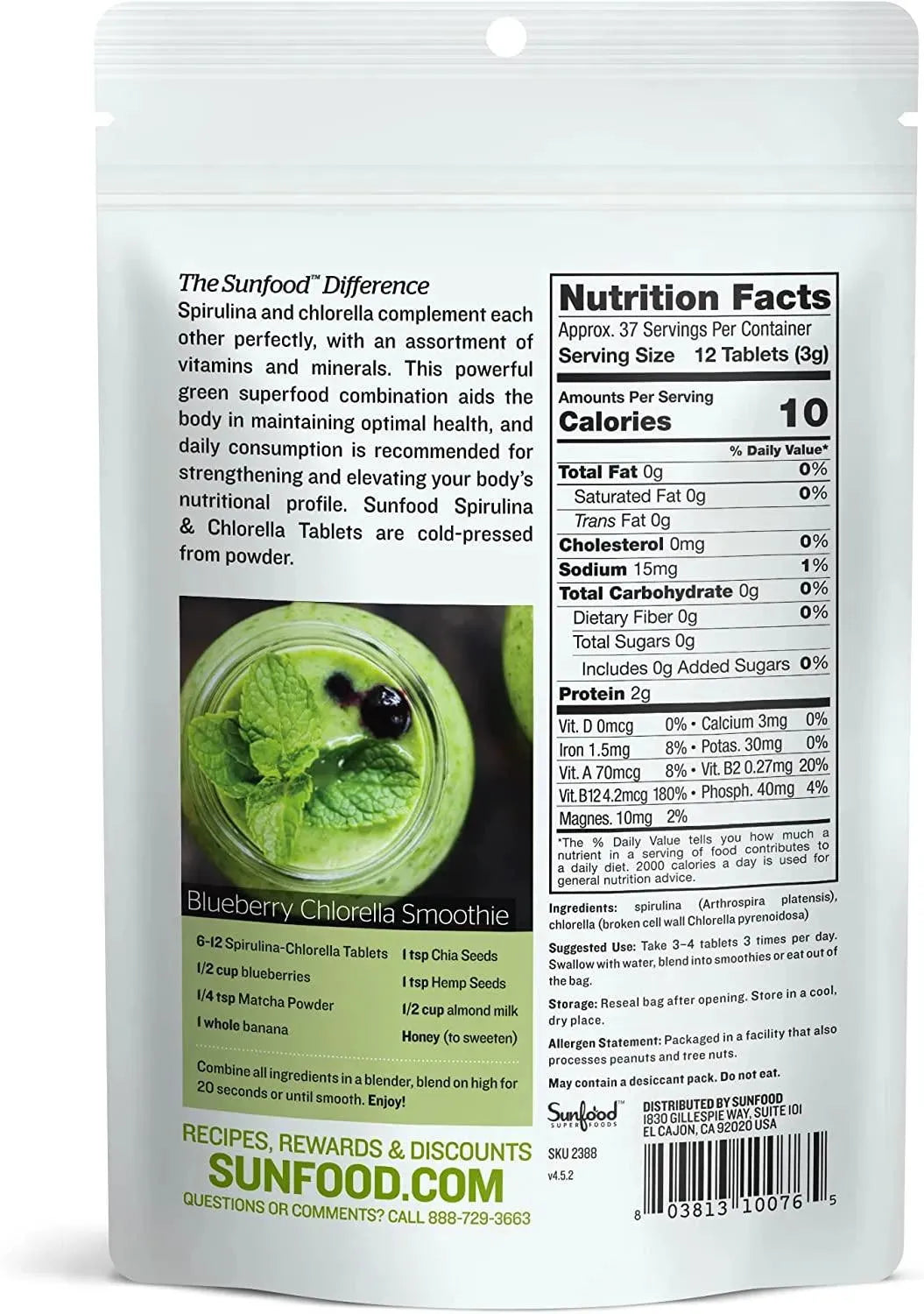 SUNFOOD - Sunfood Raw Spirulina Chlorella 456 Tabletas - The Red Vitamin MX - Suplementos Alimenticios - {{ shop.shopifyCountryName }}