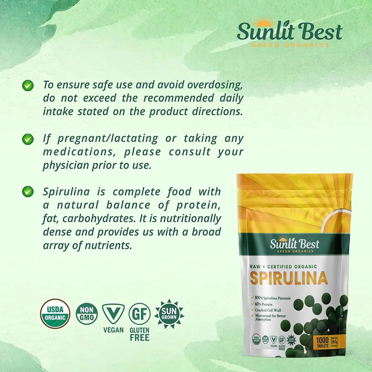 SUNLIT BEST GREEN ORGANICS - Sunlit Organic Spirulina 1000 Tabletas - The Red Vitamin MX - Suplementos Alimenticios - {{ shop.shopifyCountryName }}