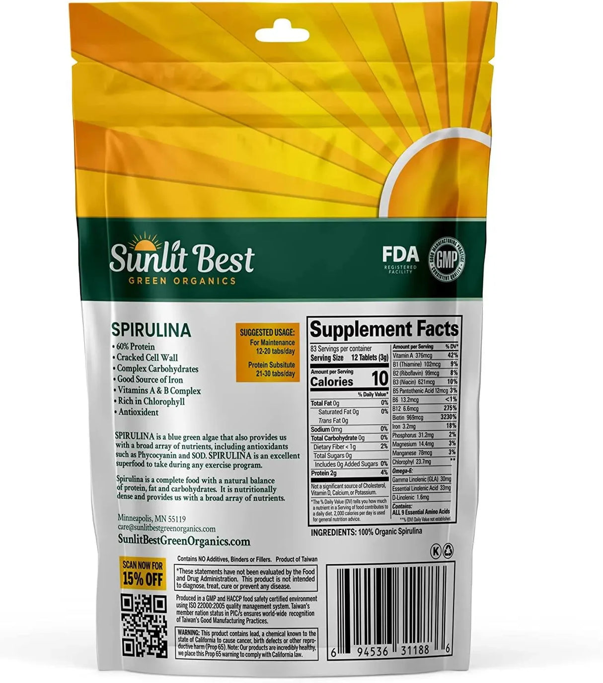 SUNLIT BEST GREEN ORGANICS - Sunlit Organic Spirulina 1000 Tabletas - The Red Vitamin MX - Suplementos Alimenticios - {{ shop.shopifyCountryName }}