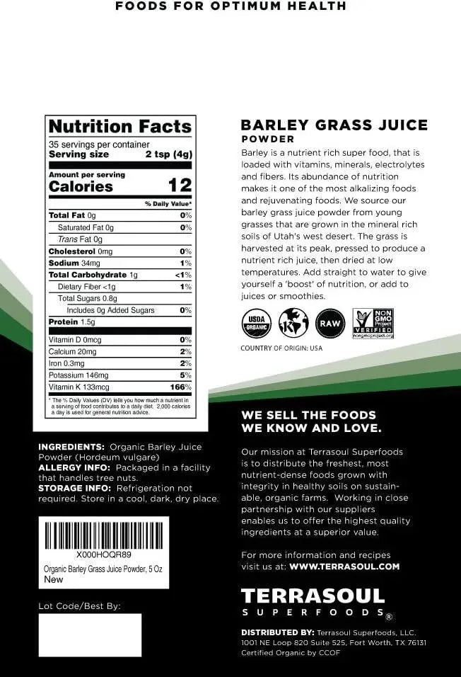 TERRASOUL SUPERFOODS - Terrasoul Superfoods Organic Barley Grass Juice Powder 141Gr. - The Red Vitamin MX - Suplementos Alimenticios - {{ shop.shopifyCountryName }}