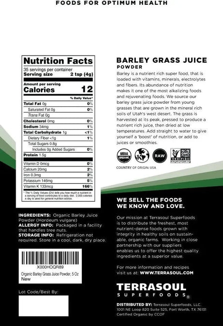 TERRASOUL SUPERFOODS - Terrasoul Superfoods Organic Barley Grass Juice Powder 141Gr. - The Red Vitamin MX - Suplementos Alimenticios - {{ shop.shopifyCountryName }}