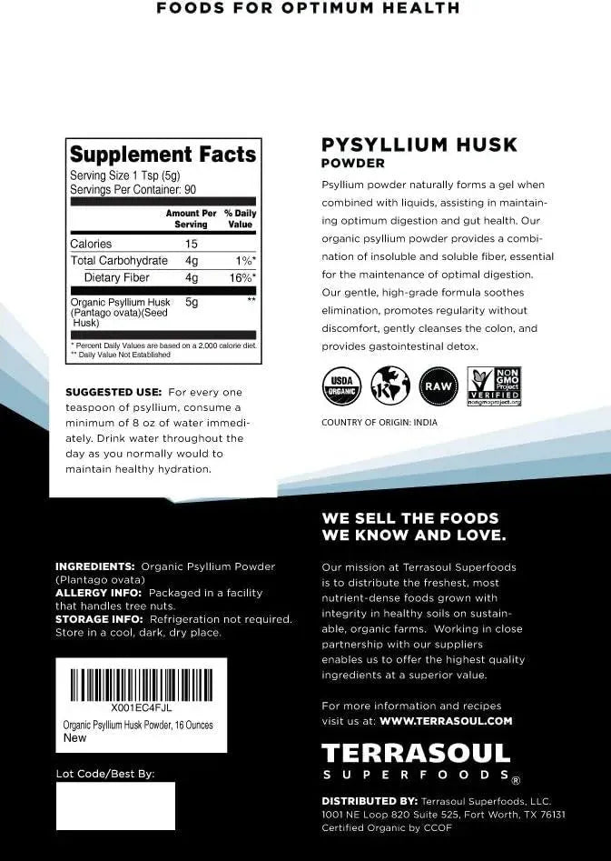 TERRASOUL SUPERFOODS - Terrasoul Superfoods Organic Psyllium Husk Powder 454Gr. - The Red Vitamin MX - Suplementos Alimenticios - {{ shop.shopifyCountryName }}
