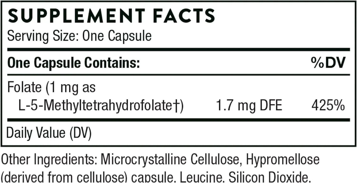 THORNE RESEARCH - THORNE 5-MTHF 1mg Methylfolate (Active B9 Folate) 60 Capsulas - The Red Vitamin MX - Suplementos Alimenticios - {{ shop.shopifyCountryName }}