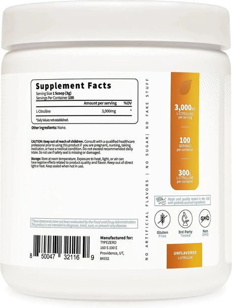 TYPE ZERO - Type Zero Pure L-Citrulline Base Powder 300Gr. - The Red Vitamin MX - Suplementos Alimenticios - {{ shop.shopifyCountryName }}