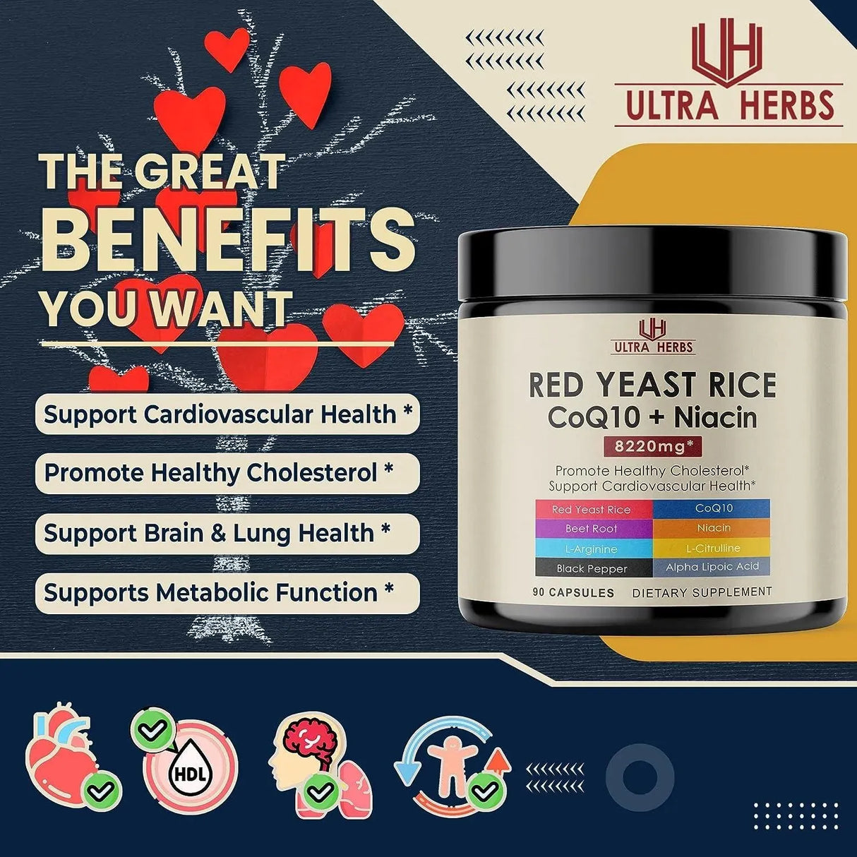 ULTRA HERBS - Ultra Herbs Red Yeast Rice 7000Mg. CoQ10 100Mg. Beet Root 1000Mg. 90 Capsulas - The Red Vitamin MX - Suplementos Alimenticios - {{ shop.shopifyCountryName }}