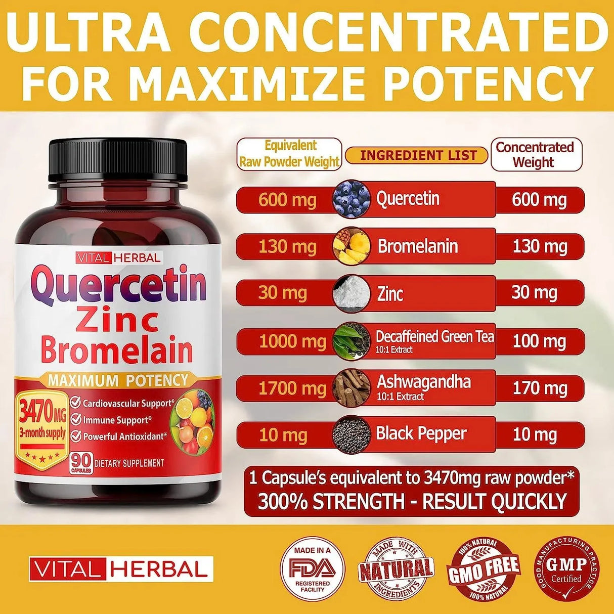 VITAL HERBAL - Vital Herbal Premium High Purity Quercetin 98% with Bromelain 3470Mg. 90 Capsulas - The Red Vitamin MX - Suplementos Alimenticios - {{ shop.shopifyCountryName }}