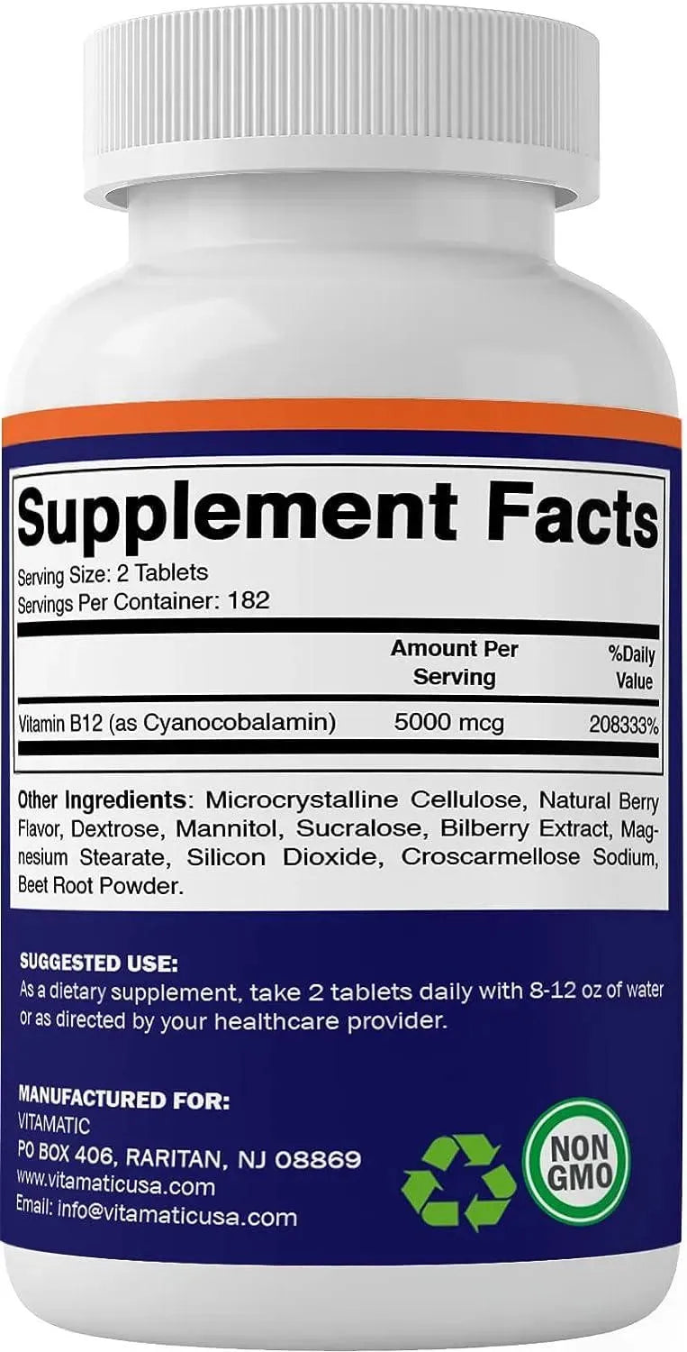 VITAMATIC - Vitamatic Vitamin B12 5000mcg Fast Dissolve 365 Tabletas - The Red Vitamin MX - Suplementos Alimenticios - {{ shop.shopifyCountryName }}