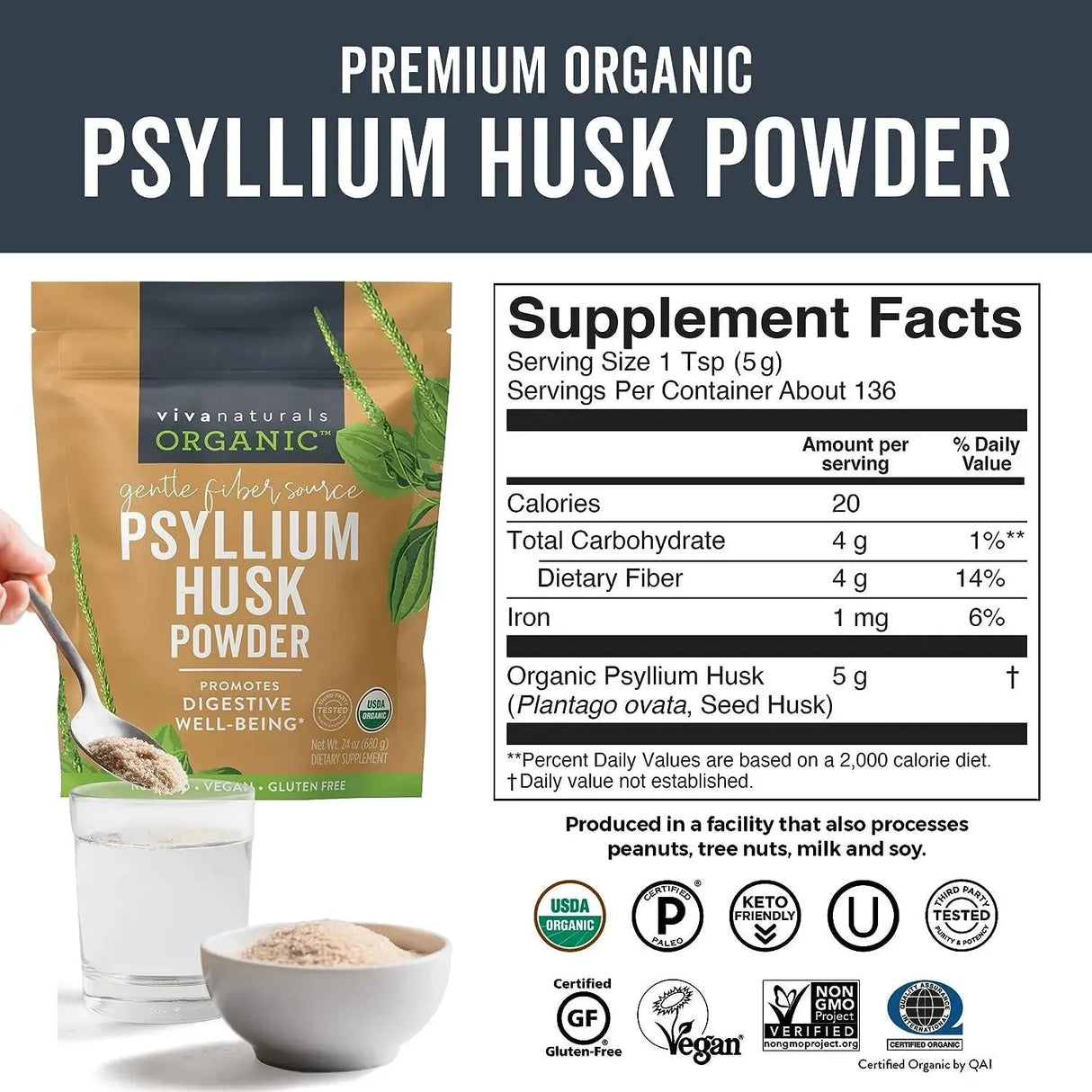 VIVA NATURALS - Viva Naturals Organic Psyllium Husk Powder 680Gr. - The Red Vitamin MX - Suplementos Alimenticios - {{ shop.shopifyCountryName }}