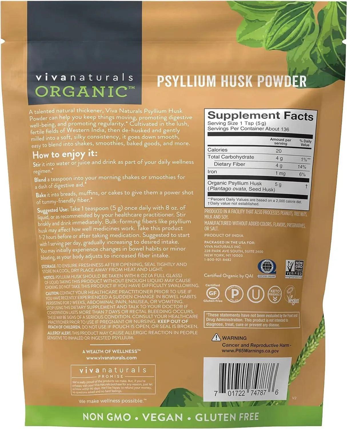 VIVA NATURALS - Viva Naturals Organic Psyllium Husk Powder 680Gr. - The Red Vitamin MX - Suplementos Alimenticios - {{ shop.shopifyCountryName }}