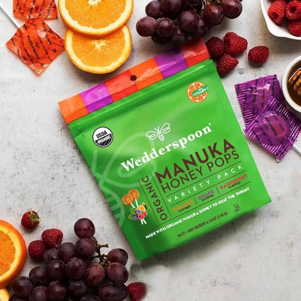 WEDDERSPOON - Wedderspoon Organic Manuka Honey Vitamin C Lollipops Variety Pack 24 Paletas - The Red Vitamin MX - Suplementos Alimenticios - {{ shop.shopifyCountryName }}