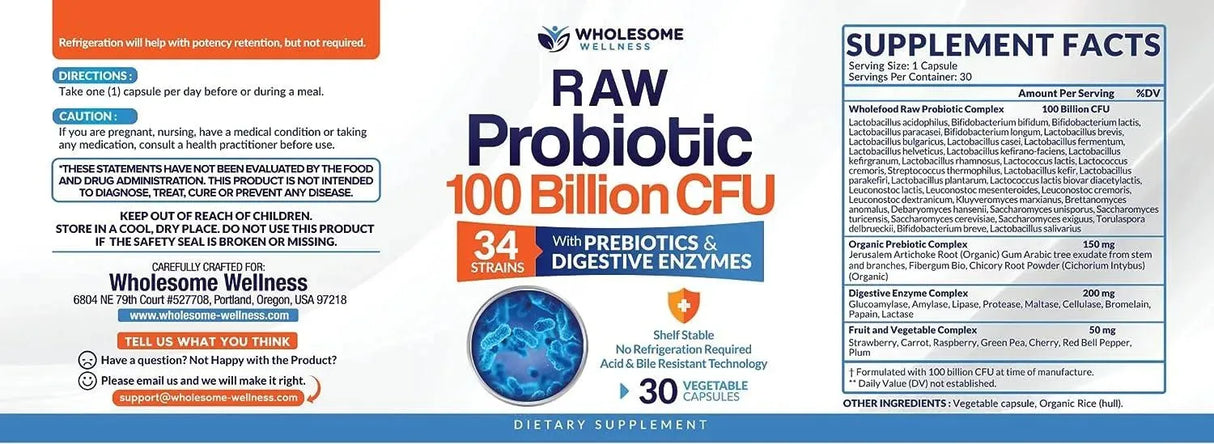 WHOLESOME WELLNESS - Wholesome Wellness Raw Probiotics 100 Billion CFU 30 Capsulas - The Red Vitamin MX - Suplementos Alimenticios - {{ shop.shopifyCountryName }}