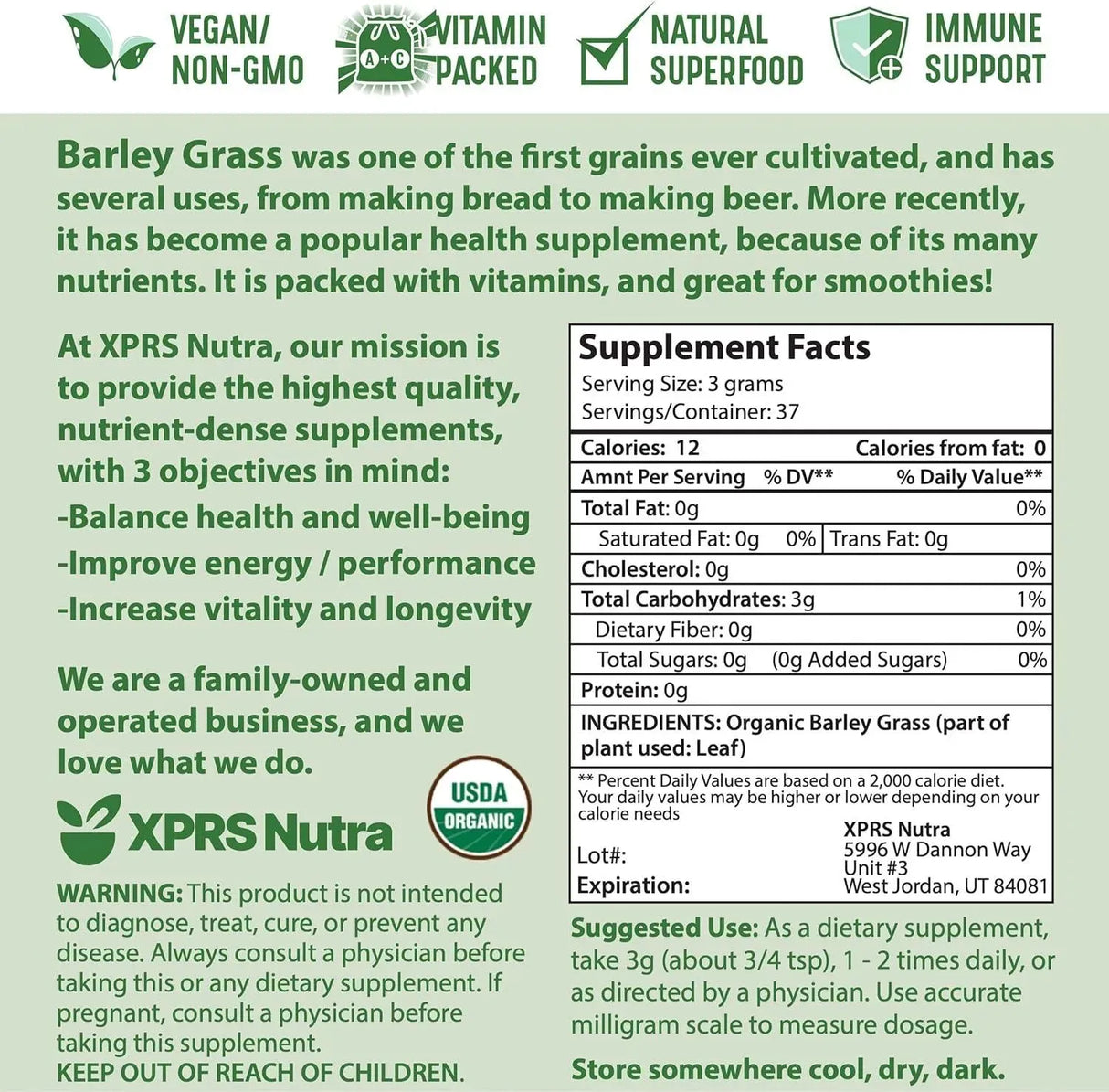 XPRS NUTRA - XPRS Nutra Organic Barley Grass Powder 113Gr. - The Red Vitamin MX - Suplementos Alimenticios - {{ shop.shopifyCountryName }}