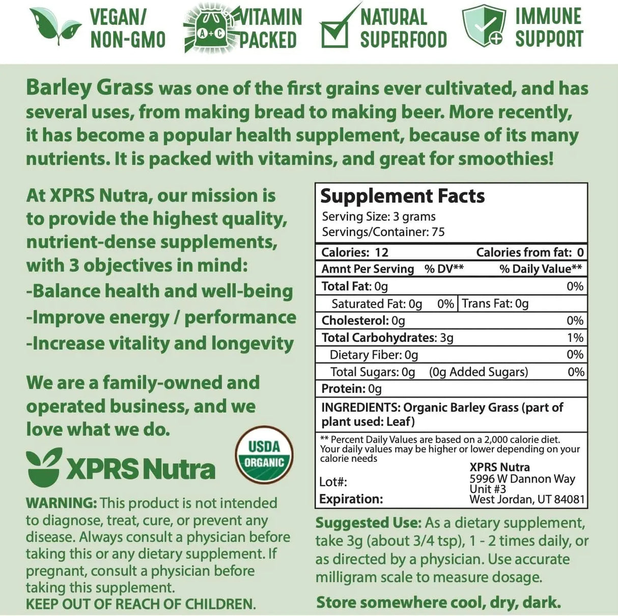 XPRS NUTRA - XPRS Nutra Organic Barley Grass Powder 226Gr. - The Red Vitamin MX - Suplementos Alimenticios - {{ shop.shopifyCountryName }}