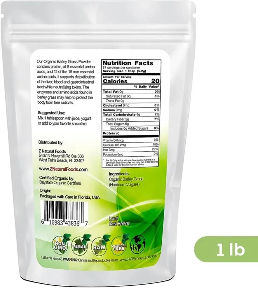 Z NATURAL FOODS - Z Natural Foods Organic Barley Grass Powder 454Gr. - The Red Vitamin MX - Suplementos Alimenticios - {{ shop.shopifyCountryName }}