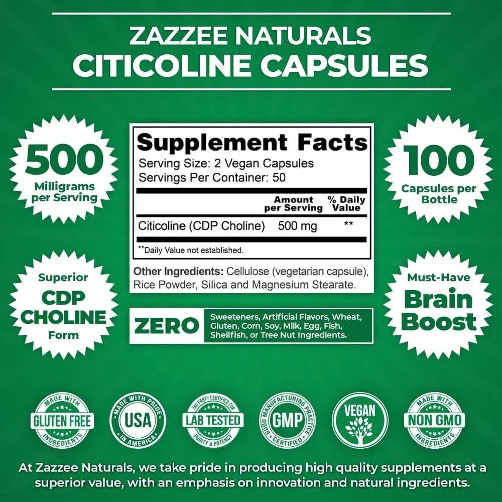 ZAZZEE NATURALS - Zazzee Extra Strength Citicoline 500Mg. 100 Capsulas - The Red Vitamin MX - Suplementos Alimenticios - {{ shop.shopifyCountryName }}
