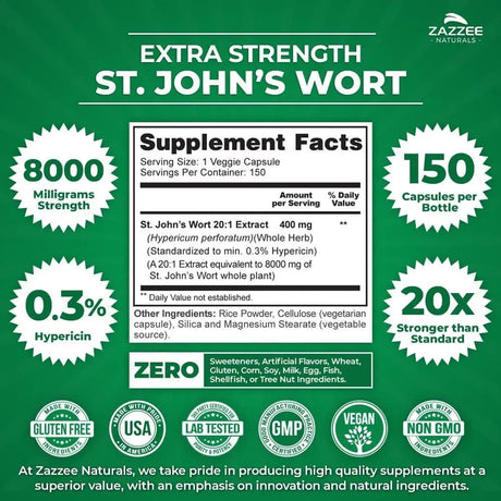 ZAZZEE NATURALS - Zazzee Extra Strength St. John’s Wort 20:1 Extract 8000Mg. 150 Capsulas - The Red Vitamin MX - Suplementos Alimenticios - {{ shop.shopifyCountryName }}