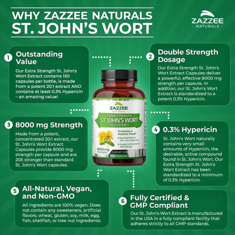 ZAZZEE NATURALS - Zazzee Extra Strength St. John’s Wort 20:1 Extract 8000Mg. 150 Capsulas - The Red Vitamin MX - Suplementos Alimenticios - {{ shop.shopifyCountryName }}