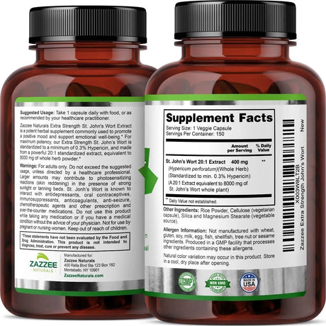 ZAZZEE NATURALS - Zazzee Extra Strength St. John’s Wort 20:1 Extract 8000Mg. 150 Capsulas - The Red Vitamin MX - Suplementos Alimenticios - {{ shop.shopifyCountryName }}