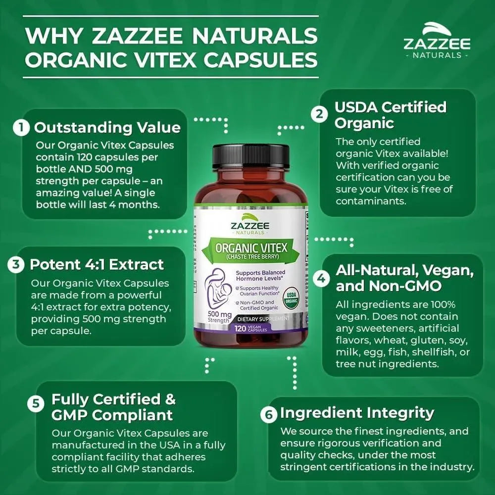 ZAZZEE NATURALS - Zazzee USDA Organic Baya Casto 500Mg. 120 Capsulas - The Red Vitamin MX - Suplementos Alimenticios - {{ shop.shopifyCountryName }}