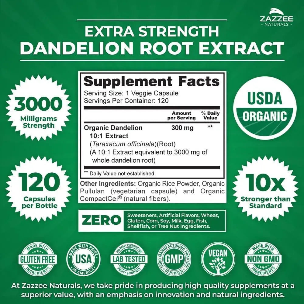 ZAZZEE NATURALS - Zazzee USDA Organic Dandelion Root 10:1 Extract 120 Capsulas - The Red Vitamin MX - Suplementos Alimenticios - {{ shop.shopifyCountryName }}