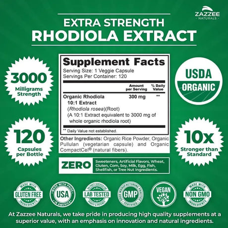 ZAZZEE NATURALS - Zazzee USDA Organic Rhodiola 10:1 Exract 3000Mg. 120 Capsulas - The Red Vitamin MX - Suplementos Alimenticios - {{ shop.shopifyCountryName }}
