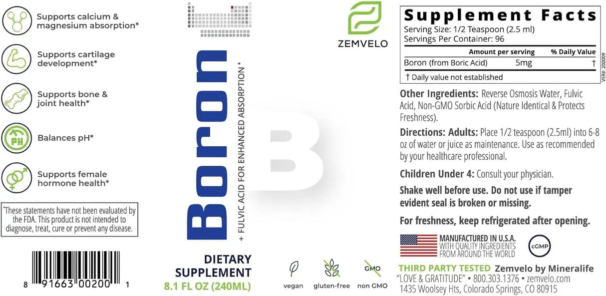 ZEMVELO - Zemvelo Boron Liquid 240Ml. - The Red Vitamin MX - Suplementos Alimenticios - {{ shop.shopifyCountryName }}