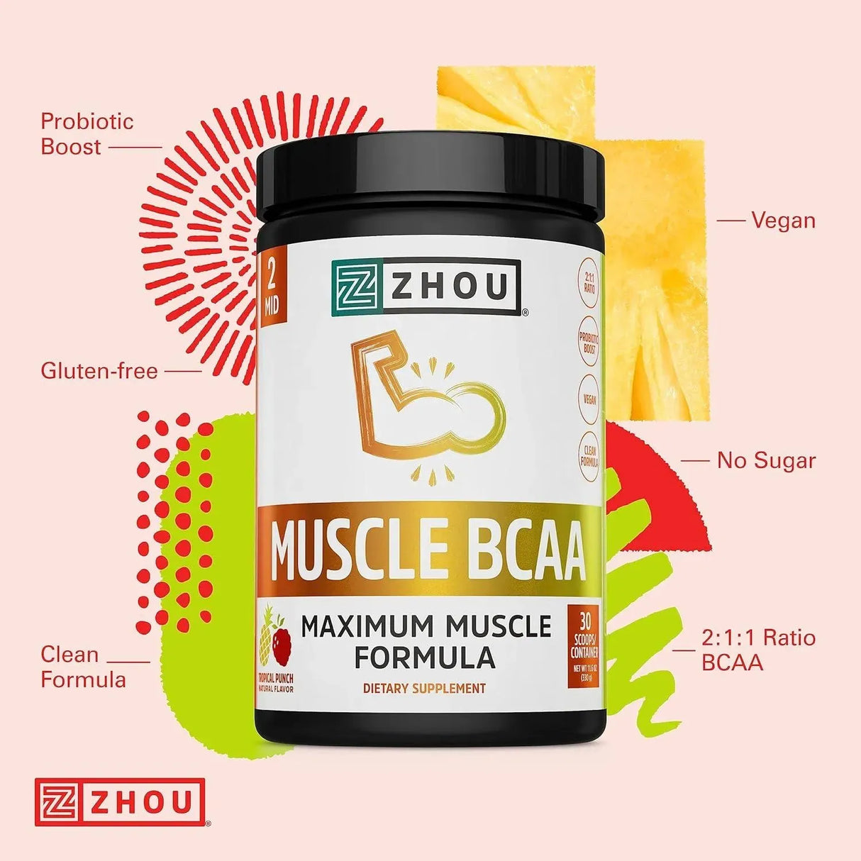 ZHOU - Zhou Nutrition Muscle BCAA Powder 30 Servicios Tropical Punch 330Gr. - The Red Vitamin MX - Suplementos Alimenticios - {{ shop.shopifyCountryName }}