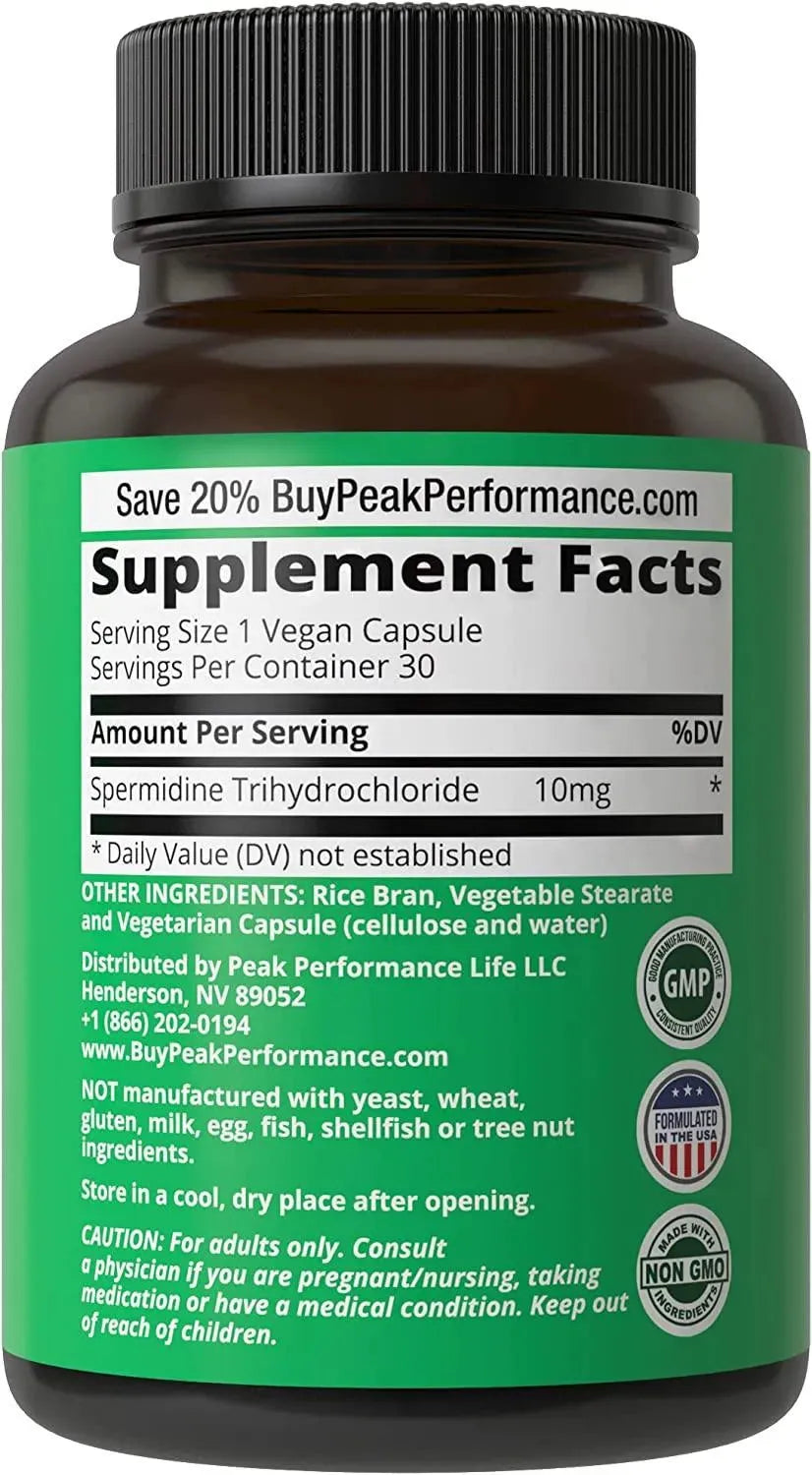 PEAK PERFORMANCE - Peak Performance Spermidine Supplement Ultra High Strength Standardized to 99% Spermidine Trihydrochloride 30 Capsulas - The Red Vitamin MX - Suplementos Alimenticios - {{ shop.shopifyCountryName }}