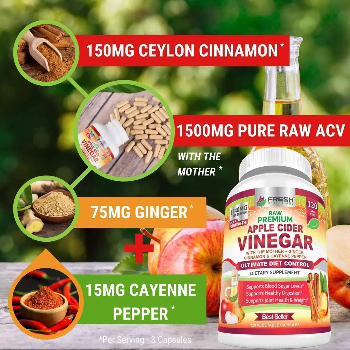 FRESH HEALTHCARE - FRESH HEALTHCARE Premium Apple Cider Vinegar 120 Capsulas - The Red Vitamin MX - Suplementos Alimenticios - {{ shop.shopifyCountryName }}