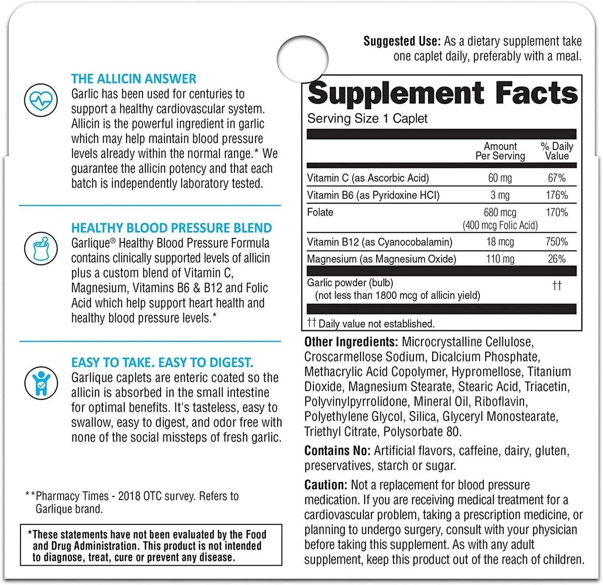 GARLIQUE - Garlique Healthy Blood Pressure Formula 60 Tabletas - The Red Vitamin MX - Suplementos Alimenticios - {{ shop.shopifyCountryName }}