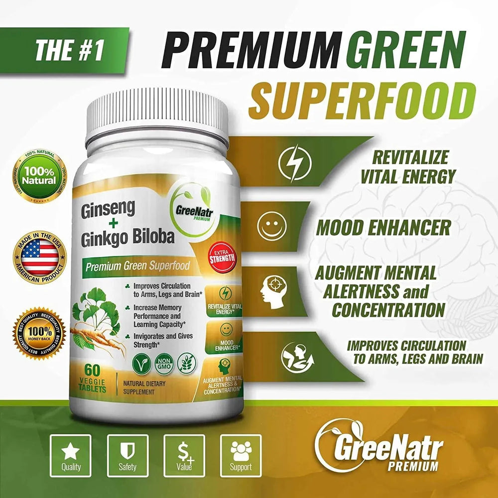 GREENATR - GreeNatr Premium Panax Ginseng + Ginkgo Biloba 60 Tabletas - The Red Vitamin MX - Suplementos Alimenticios - {{ shop.shopifyCountryName }}
