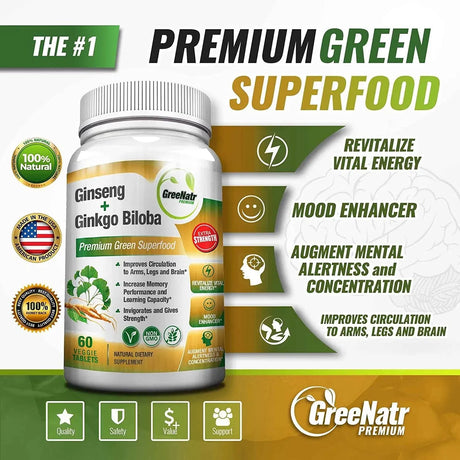 GREENATR - GreeNatr Premium Panax Ginseng + Ginkgo Biloba 60 Tabletas - The Red Vitamin MX - Suplementos Alimenticios - {{ shop.shopifyCountryName }}